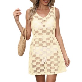 LILBETTER Womens Crochet Cover Up Sleeveless Swimsuit Coverup Hollow Out Beach Dress with Drawstring Beige XXL