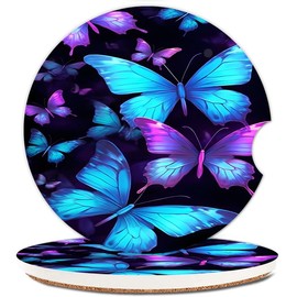 Ceramic Cup Holders Car Coasters for Women/Men,Fashion Absorbent Drink Cup Car Holder Coasters with A Finger Notch 2.56" Pack of 2,Blue Purple Butterfly
