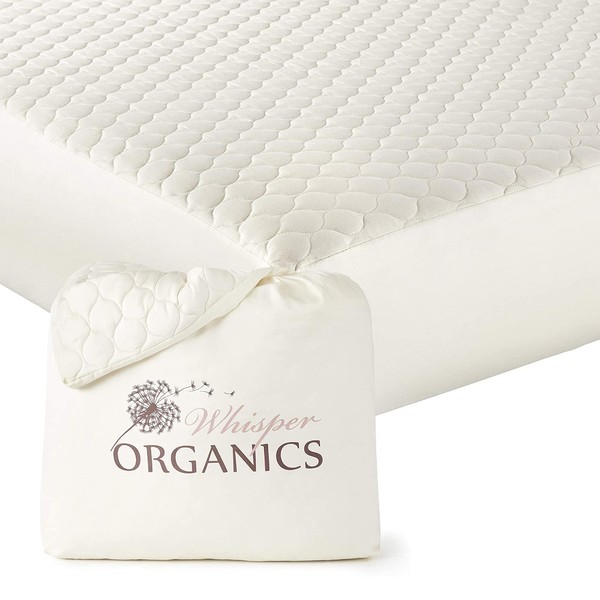 Whisper Organics, 100% Organic Cotton Mattress Protector - Breathable Cooling Quilted Fitted Mattress Pad Cover, Fairtrade, GOTS Certified - Ivory Color, 17" Deep Pocket (Queen Bed Size)