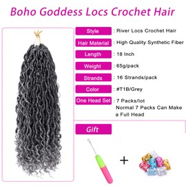 Faux Locs Crochet Hair 18 Inch Boho Goddess Locs Crochet Hair 7 Packs Pre Looped Crochet Hair for Black Women River Locs Crochet Hair with Curly Ends (18 Inch 7 Packs, 1B/Gray)