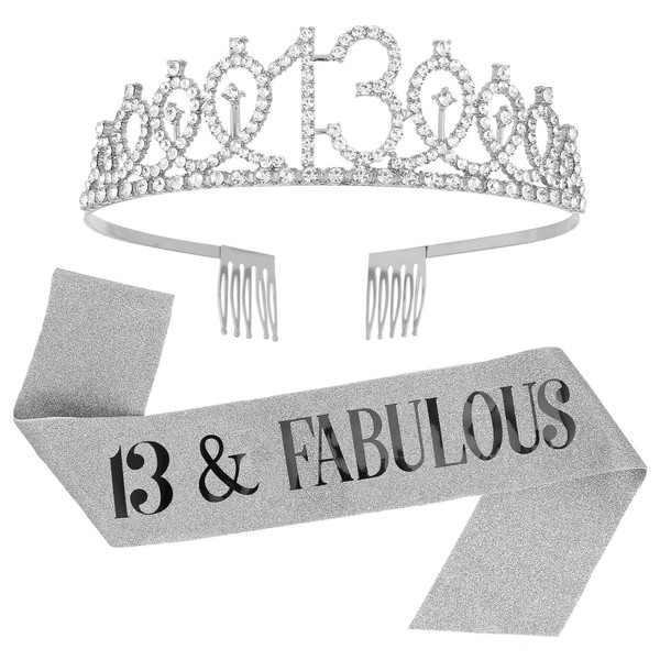 SUSSURRO "13 and Fabulous Sash and Rhinestone Tiara Set,13th Birthday Gifts Birthday Sash for Women Birthday Party Supplies( Silver)
