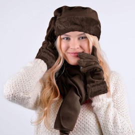 Nollia Women's Winter Fleece Winter Set-Polyester Fleece Hat, Gloves, and Scarf Set for Cold Weather-Brown with Fur Trim