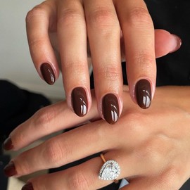 Dark Brown Fall Press on Nails, KQueenest Acrylic Press on Nails Short Oval, Glossy Fake Nails Press ons for Women, Short Almond Glue on Nails Natural, Season of Color Press on Gel Nails, 24 Pcs