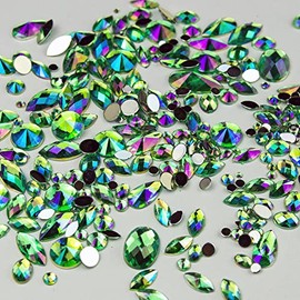 15g Bag of Mixed 3mm-18mm Flat Back Iridescent Rhinestone Gems in a Variety of Shapes and Sizes (A6. Green)