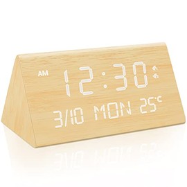 Kogonee Wooden Digital Alarm Clock, 0-100% Dimmer, 2 Alarm Settings, Weekday /Everyday Mode, 9 Mins Snooze, 12/24H, Temperature and Date Display for Office, Travel, Bedroom Alarm Clock (Bamboo)