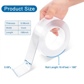 Heavy Duty Double Sided Mounting Tape, 1" x 198", Traceless and Removable Nano Tape for Outdoor and Indoor, Strong Adhesive Clear Two Sided Gel Grip Tape (16.4 FT)