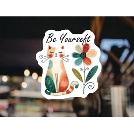 Be Yourself Cat Sticker - Whimsical Floral Design Inspirational Stickers Motivational Decal Cute Art 5-inch 2-Pack CCSTICKER01523