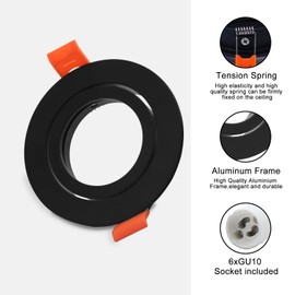 COOINJOY 6X Modern GU10 Downlights for Ceiling, Round Brushed Matt Black Aluminum Frame for Recessed Ceiling Lights, Tilt Swivel Spotlight - External Dimensions: 80mm, Cut-Out Hole Size:68-80 mm
