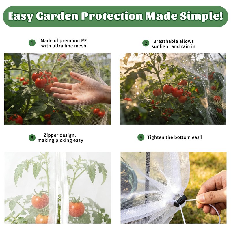 KLLOUZE 3PCS Garden Bird Netting for Tomato Cage with Zipper