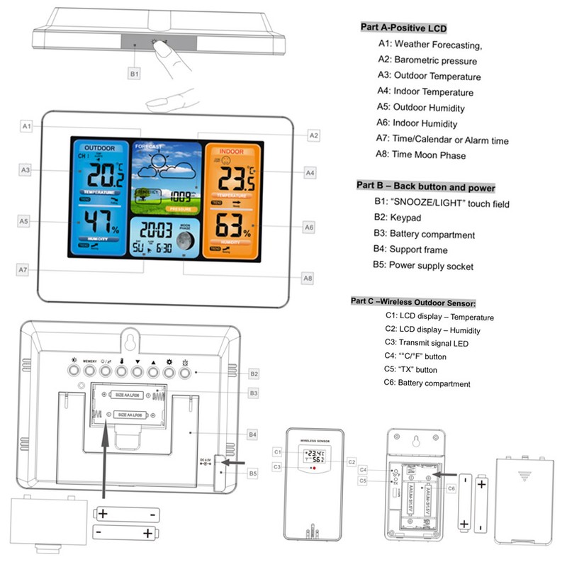 FJ3373 Multifunction Digital Weather Station LCD Alarm Clock Indoor Outdoor