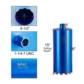 SALI Wet Diamond Core Drill Bits 6-1/2"/167mm Diameter, 15"/380mm Drilling Depth Concrete Core Drill Bit, 1-1/4-7" Thread Core Bit Turbo Laser-Welded Segments with Rebar, Brick, Block, Masonry, Stone