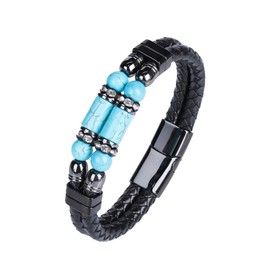 Mens Leather Turquoise Stone Bracelet–8.3" Braided Multi‑Layer Stainless Steel Clasp Leather Bracelets Jewelry Box and Pouch Packing