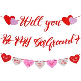Will You Be My Girlfriend Banner, Glitter Red and Pink Will You Be My GF Banner for Happy Valentine’s Day Party Decoration and Be My Valentine Romantic Party Supplies