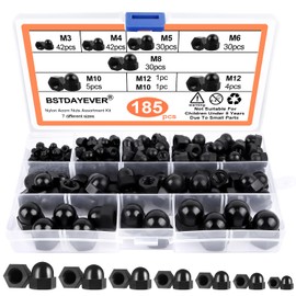 Cap Nuts High Shape Set 185 Pieces M3/M4/M5/M6/M8/M10/M12 Hexagonal Cap Nuts Galvanised Cap Nuts Corrosion Resistance Dome Nuts Cap Nuts for Furniture Vehicle Fixings (Black/Nylon)