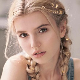 24 Pcs Gold Hair Braids Dreadlock Non-Piercing Ear Clip Beard Beads Cuffs Clip Hair for Women Men Charms Party Decoration Hair Accessories Styling Jewelry Tools