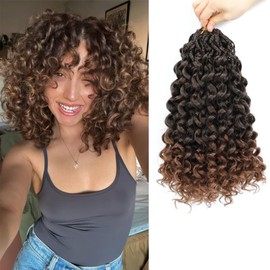 Lanse Gogo Curl Crochet Hair 14 Inch 8 Packs Ombre Brown Ocean Wave Deep Twist Goddess Box Braids Pre Looped Short Curly Water Wave Synthetic Braiding Hair for Women Girl Kids (T/30, 14inch)