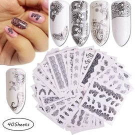 40 Sheets Nail Art Stickers Water Transfer Nail Decals Black Lace Flower Series Design Manicure Tips DIY Toenails Nail Art Decorations Accessories