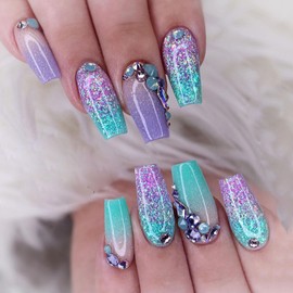 Gradient Press on Nails Short Coffin - Glitter Short Fake Nails Press ons, Blue & Purple Full Cover Glue on Nails Rhinestones Designs Glossy Acrylic Nails for Women 24 Pcs