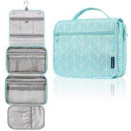 PAVILIA Hanging Toiletry Bag Women Men, Foldable Cosmetic Organizer Travel Bag, Water Resistant Makeup Bag Toiletries, Large Travel Essentials Kit (Teal Chevron)