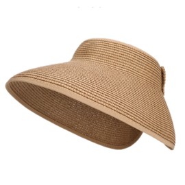 Womens Sun Visor Hat Wide Brim Straw Beach Hat Ponytail Hats for Women Summer Foldable Travel Straw Visor Khaki
