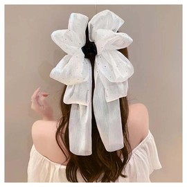 Large Slide Hair Bow Long Bow Claw Clip Large Bow Hair Clips Polka Dots Bowknot Jaw Clip Silky Bow Hair Clip Headdress Lady Horse Tail Accessories Jewellery for Women Girls (White)