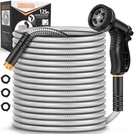 Garden Hose Metal 125FT, Stainless Steel Heavy Duty Water Hose With 10 Function Nozzle, No-Kink, Tough & Flexible, Sturdy and Lightweight, Rust Proof for Yard, Outdoor, RV