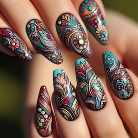 24PCS Press on Nails Long Length Colorful False Nails Flowerk Pattern Design Press Nails Full Cover Coffin Nails Artificial Acrylic Glue on Nails Ballet Shaped Stick on Nails for Women