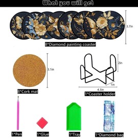 8 Pcs 5D Diamond Painting Coasters Kits with Holder,Flower Diamond Art Coasters Set for Drinks Coffee Table, Diamond Painting kit for Beginners Adults DIY Art Craft Gifts Home Decors(Butterfly)