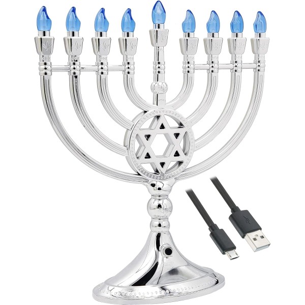 Traditional LED Electric Silver Hanukkah Menorah - Battery or USB