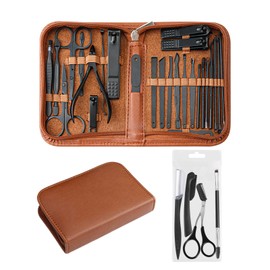 YFBXIZHOU Manicure&Eyebrow kit 26+4 PCS Professional Stainless Steel set Fingernail Care Grooming Eyebrow Trimmer Tools Pedicure Nail Clippers Tweezers Razor Scissors Brush with Travel Case Brown