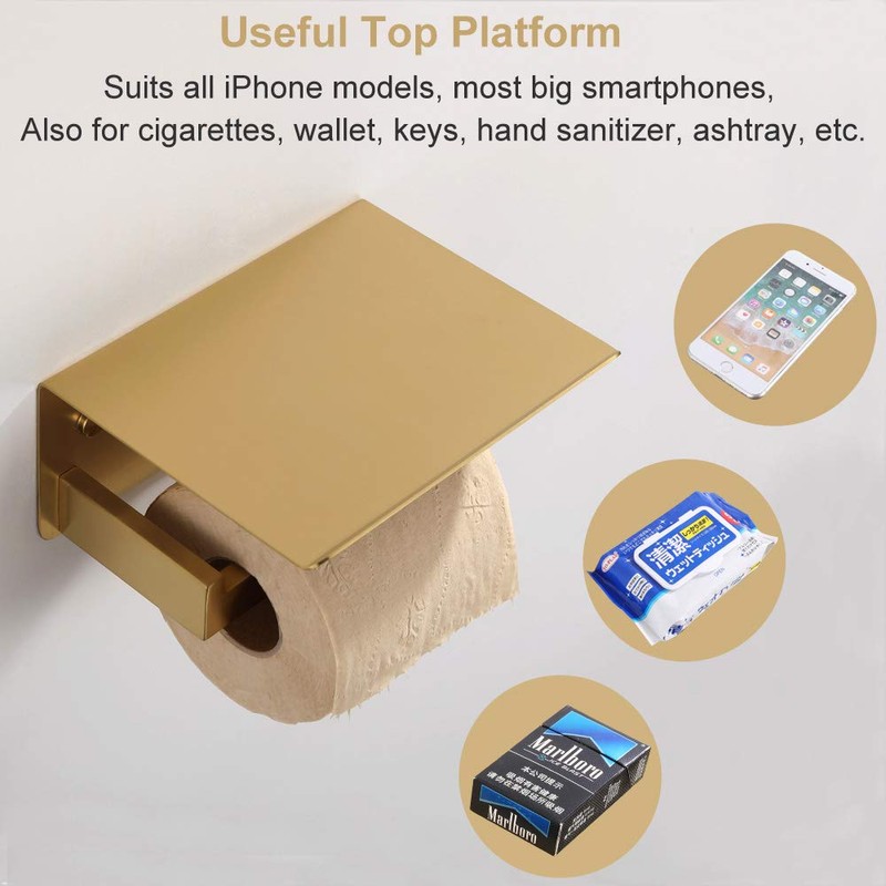 Toilet Paper Holder with Shelf Brushed Gold, APLusee SUS 304