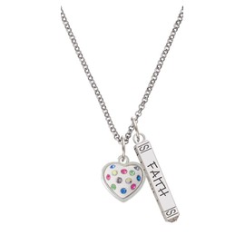 Delight Jewelry Silvertone White Resin Heart with Spring Crystals Silvertone Believe Faith Prayer Bar Charm Necklace, 23"