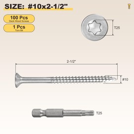 METALLIXITY Deck Screws (#10x2-1/2) 100Pcs, 410 Stainless Steel Wood Screw Decking Screws with T25 Torx Drive Head - for Wood Fence, Table, Chairs, Silver