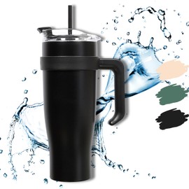 HAPPYCOSAS Insulated Tumbler with Straw and Handle - 1.2L - Fits Car Cup Holder - Double Wall Insulated Design - Leakproof Lid - Keeps Drink Cold & Hot. (Black)