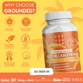Grounded Beta Carotene Tanning Tablets | 120 Tablets, 4 Month Supply | with Zinc, Vitamin A, B2, B3, Copper & Iodine | High Strength Antioxidant Support | Vegan-Friendly & Made in The UK