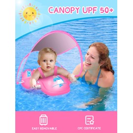 LAYCOL Baby Schwimmschwimmer aufblasbar Baby Pool Float Neueste mit Sonnenschutz Baldachin, Baby Schwimmschwimmer für Alter von 3-36 Monaten (Rosa, L)