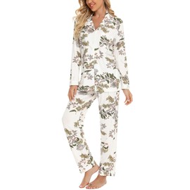 Senert Womens Pajama Set Long Sleeve Sleepwear Leaf Print Cotton Nightwear Soft Pjs Lounge Sets White Maple Leaf,Small