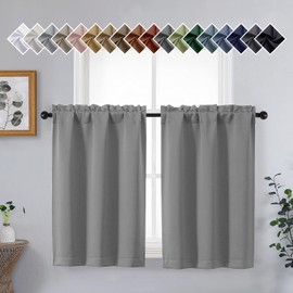OVZME Grey Blackout Curtains for Small Window Treatment, Light Blocking Short Kitchen Window Curtains Over Sink, Dual Rod Pocket Half Window Tiers for Bathroom Basement, 2x40Wx36L Inches