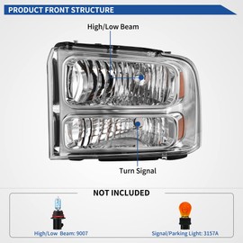 oEdRo Headlight Assembly Compatible with 2005 2006 2007 Ford F250 F350 F450 F550 Super Duty/2005 Excursion Headlamp with Amber Reflector, Clear Lens Chrome Housing
