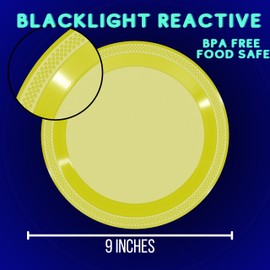 Exquisite Black Light Glow Party Plates - 60 Party Plates - Size: 9 Inch. - Assorted Colors - Food Safe Material - Blacklight Reactive Neon Plates - Disposable Plastic Plates For Birthday Parties