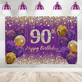 90th Birthday Decorations for Women, Purple Fabric Sign Poster Birthday Party Decoration, 90th Birthday Background Banner Women, 90th Birthday Party Decoration