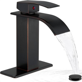 HOIGY Waterfall Bathroom Faucet Oil Rubbed Bronze, Brass 4 Ins Bathroom Faucets One Hole or 3 Hole, Single Handle with Deck Plate, Pop-up Drain & Water Hose