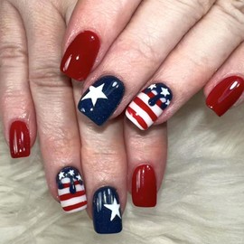 Independence Day Press on Nails Short Square Fake Nails Red Blue False Nails with Star Designs Glossy Stick on Nails 4th of July Acrylic Nails Full Cover Glue on Nails for Women Holiday Gift