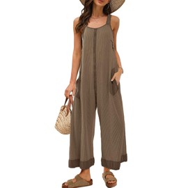 Panadila Womens Waffle Knit Jumpsuit Casual Wide Leg Jumpsuits Oversized Long Rompers Open Back Loose Overalls(Khaki,S)