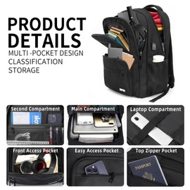 BICPSRO Black Backpack for Men Women, 15.6 inch Laptop Backpack for School, School Backpack for Boys Girls Teens, College Book Bag with USB Port, Water Resistant Bookbag, Business Work Travel