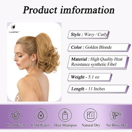 LuxeHair 11” Classic Loose Curly Claw Clip In Ponytail Extension, Short Curly Wavy Claw Clip On Ponytails Hair Extensions Hairpieces for Women- Golden Blonde