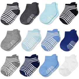 Hycles ABS Socks for Children, 12 Pairs Non-Slip Socks for 1-7 Years Baby Boys/Girls/Toddler, Sizes 0.5/6/9/1 (UK) - 03 plain stripes.
