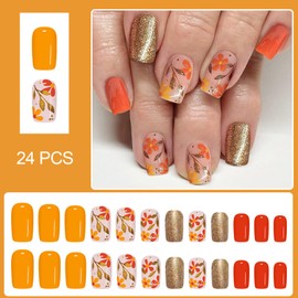 Medium Press on Nails Square Fake Nails with Orange Flowers Design Fall Gel Glue on Nails Gold Glitter Leaves False Nails Glossy Acrylic Nail Autumn Full Cover Stick on Nail for Women 24Pcs
