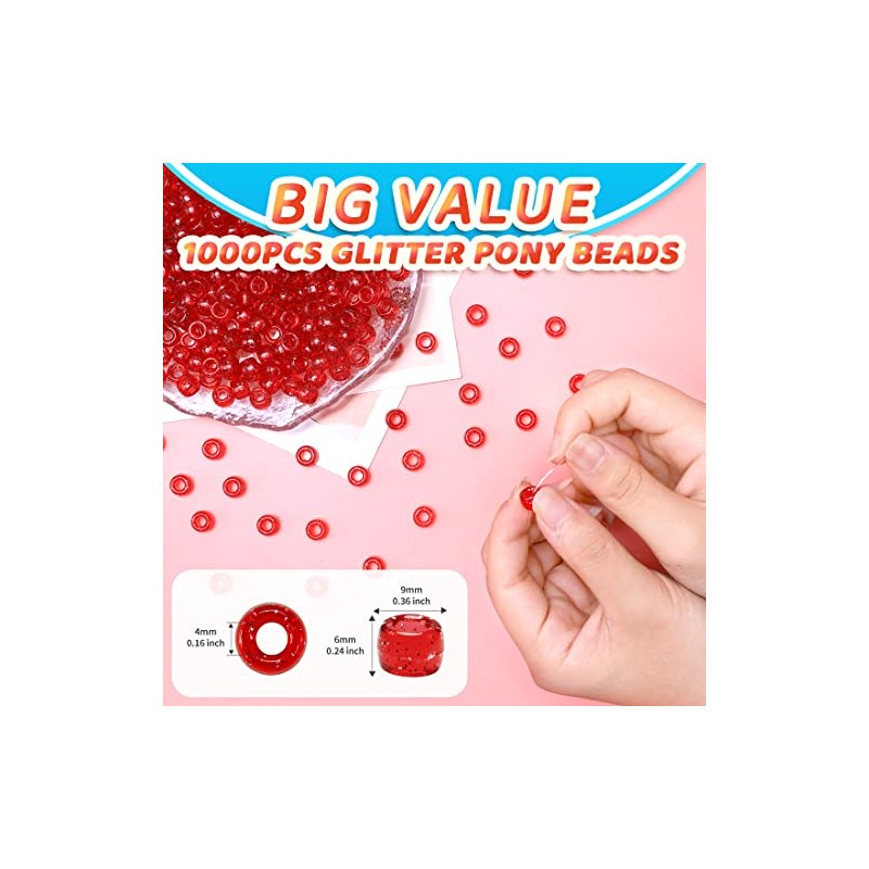 Iooleem Pony Beads (1000pcs Red Glitter) - Beads for Jewelry