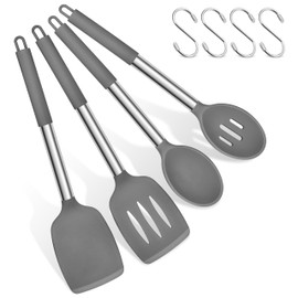 Herogo Pfannenwender Kochlöffel Set, Silikon Küchenutensilien Küchenhelfer für Kochen, Kochbesteck Kochgeschirr mit Edelstahlgriff, Langlebig & Spülmaschinenfest, Grau, 8 Stück